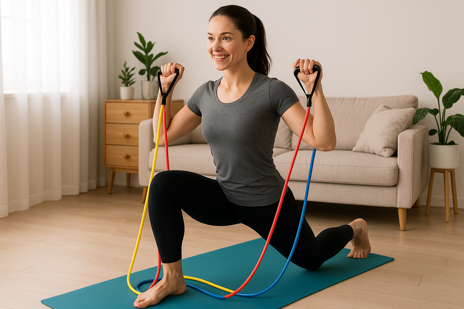 uma mulher fazendo exercicios com um elastico em casa
